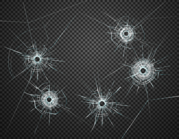 Five bullet holes in glass closeup realistic image against dark transparent background  illustration Free Vector