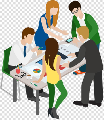 Five people in front of brown table art, Meeting Cartoon Businessperson , business people transparent background PNG clipart