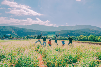 Five People Jumping In Open Field Five People Jumping In Open Field