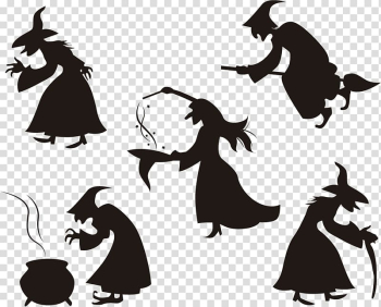 Five silhouette witch , Halloween Witchcraft Silhouette , Halloween witch transparent background PNG clipart