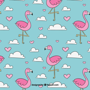 Flamingos pattern with clouds in hand drawn style