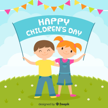 Flat children's day with banner and garlands Free Vector