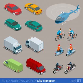 Flat isometric city transport isometric set Free Vector