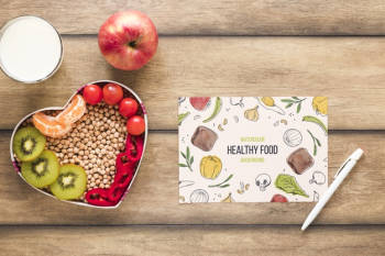 Flat lay of healthy food with card mockup Free Psd