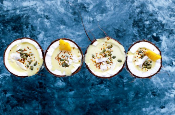 flat-lay photography of four coconut desserts flat-lay photography of four coconut desserts