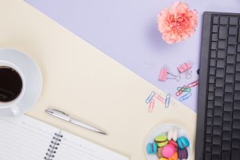 Flat lay, top view office table desk. workspace background Flat lay, top view office table desk. workspace background