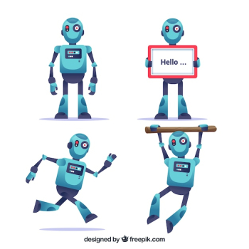 Flat robot character with different poses collection