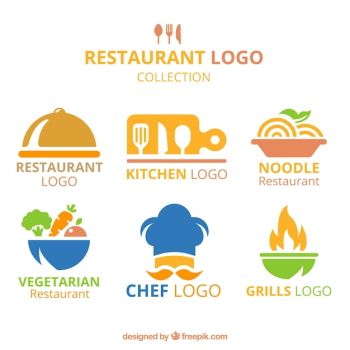 Flat variety of colorful restaurant logos Flat variety of colorful restaurant logos