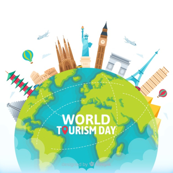 Flat world tourism day with landmarks and transport Free Vector Flat world tourism day with landmarks and transport Free Vector