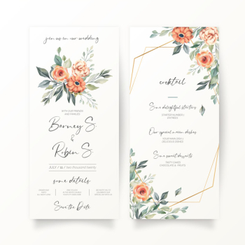 Floral wedding invitation and menu template Free Vector