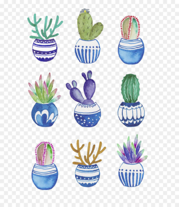 Flowerpot Cactaceae Watercolor painting Drawing - Potted cactus watercolor painting 