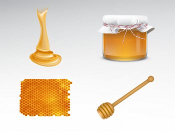 Flowing honey, glass jar with fabric cover, honeycomb, wooden dipper Free Vector