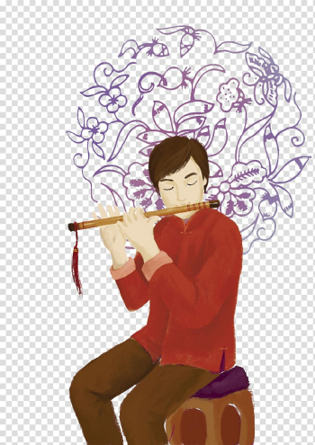 Flute Musical instrument Illustration, Chinese watercolor illustration, young people playing the flute transparent background PNG clipart