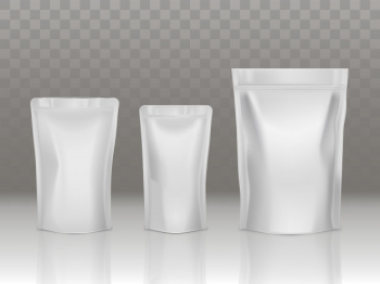 Foil or plastic sachet pouch set with valve and seal isolated on transparent background. Free Vector