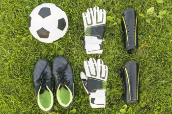 Football equipment on grass Football equipment on grass