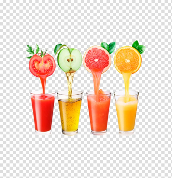 Four assorted fruit juices, Apple juice Smoothie Fruit Juicer, Fruit juices transparent background PNG clipart