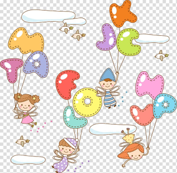 Four fairy holding letter balloons illustration, Cartoon Child Watercolor painting Illustration, cute transparent background PNG clipart