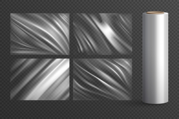 Four isolated blank wrapping texture polyethylene packages and plastic roll on  transparent  realistic Free Vector