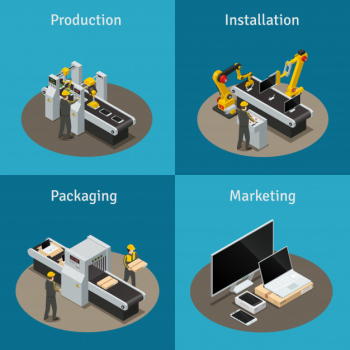 Four square colored electronics factory isometric composition with production installation packaging and marketing Free Vector