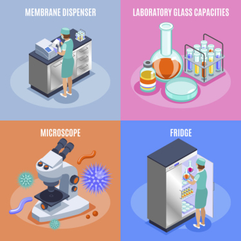 Four square isometric microbiology icon set with membrane dispenser laboratory glass capacities microscope and fridge descriptions illustration Free Vector