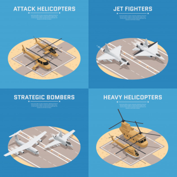 Four square isometric military air force icon set Free Vector