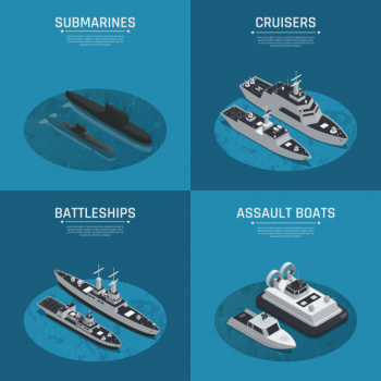 Four square military boats isometric icon set Free Vector Four square military boats isometric icon set Free Vector