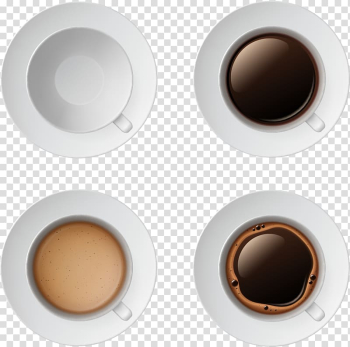 Four white mugs with saucer illustration, Coffee cup Espresso Cream Cafe, white coffee cup and coffee transparent background PNG clipart