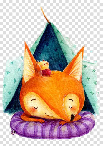 Fox sleeping on bed illustration, Red fox Drawing Watercolor painting Illustration, Cartoon fox transparent background PNG clipart