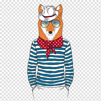 Fox wearing eyeglasses and scarf animated illustration, Hand-painted animals transparent background PNG clipart