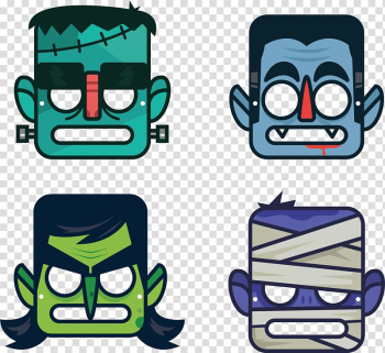 Frankenstein Halloween Mask Cartoon, Four cell monster transparent background PNG clipart