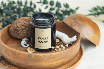 Free Candle in Wooden Bowl Mockup Free Candle in Wooden Bowl Mockup