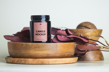 Free Candle with Wooden Bowl Mockup Free Candle with Wooden Bowl Mockup