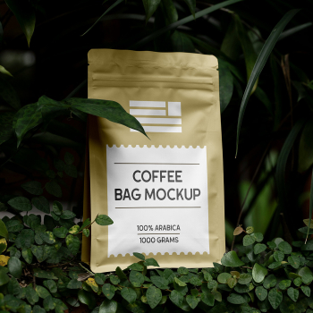 Free Foil Coffee Bag in Plants Mockup