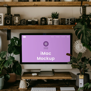 Free Home Office iMac with Plants Mockup