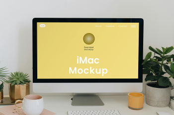 Free iMac with Plants Mockup