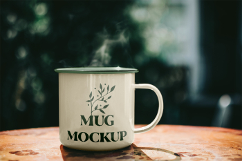 Free Metal Mug on Table Mockup Free Metal Mug on Table Mockup