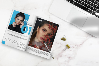Free Open Magazine on Desk Mockup