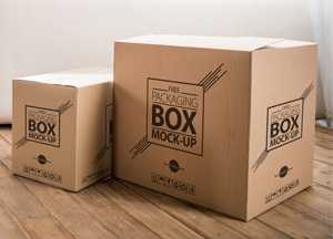 Free Packaging Box on Wooden Floor PSD Mockup re packaging box box mock up box mookup mock-up 