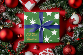 Free Wrapped Christmas Gift Box Mockup