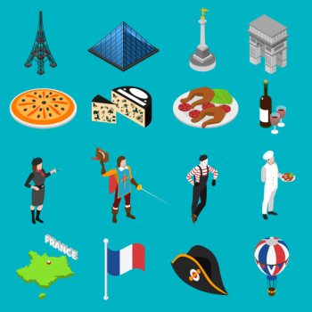 French culture traditions isometric icons collection Free Vector