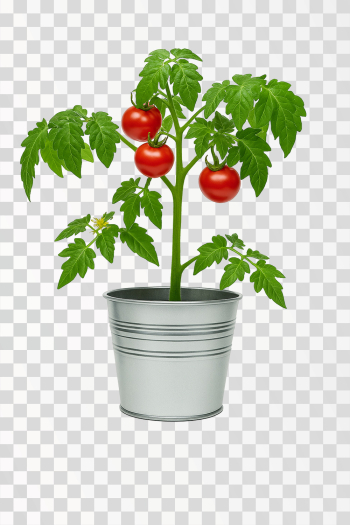 Fresh Tomato Plant with Red Fruits in Metal Pot Fresh Tomato Plant with Red Fruits in Metal Pot