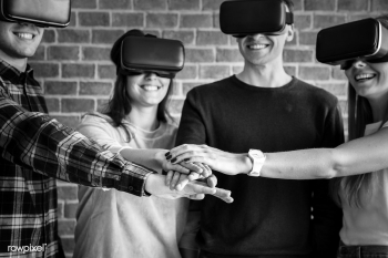 Friends trying on VR headsets and teamwork co.. | Free stock photo - 384102 Friends trying on VR headsets and teamwork co.. | Free stock photo - 384102