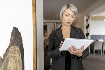 Front view woman reading from tablet mock-up Free Photo