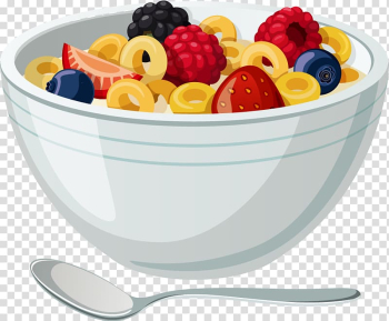 Fruits with cream on bowl , Breakfast Fried egg Bacon Food Cartoon, fruit salad transparent background PNG clipart