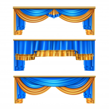 Full volume golden blue luxury draping curtains set 3 realistic home window decorations ideas isolated  illustration Free Vector