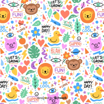 Funny doodle animals and words pattern Funny doodle animals and words pattern