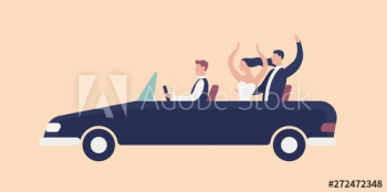 Funny newlyweds riding in cabriolet car with driver and rejoicing Funny newlyweds riding in cabriolet car with driver and rejoicing