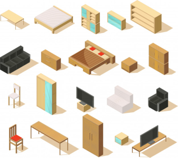 Furniture isometric set of isolated items with double beds sofas chairs armchairs bedside tables and tv vector illustration Free Vector