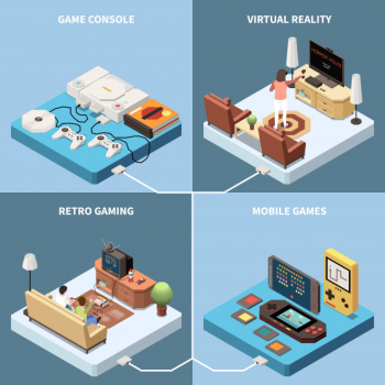 Gaming gamers isometric 2x2 design concept with images of game consoles and living rooms with people Free Vector