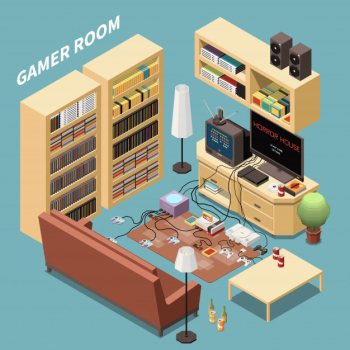 Gaming gamers isometric composition with indoor view of living room with furniture cabinet racks and consoles Free Vector
